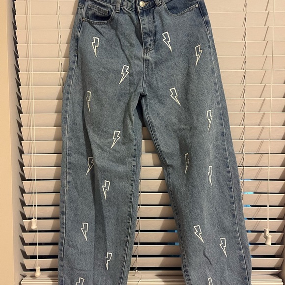 SHEIN Blue Straight Leg Jeans with White Lightning Bolts - Picture 1 of 3